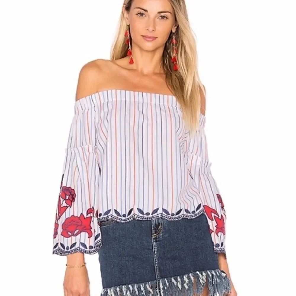 PARKER Dane Striped Embroidered Off Shoulder Top